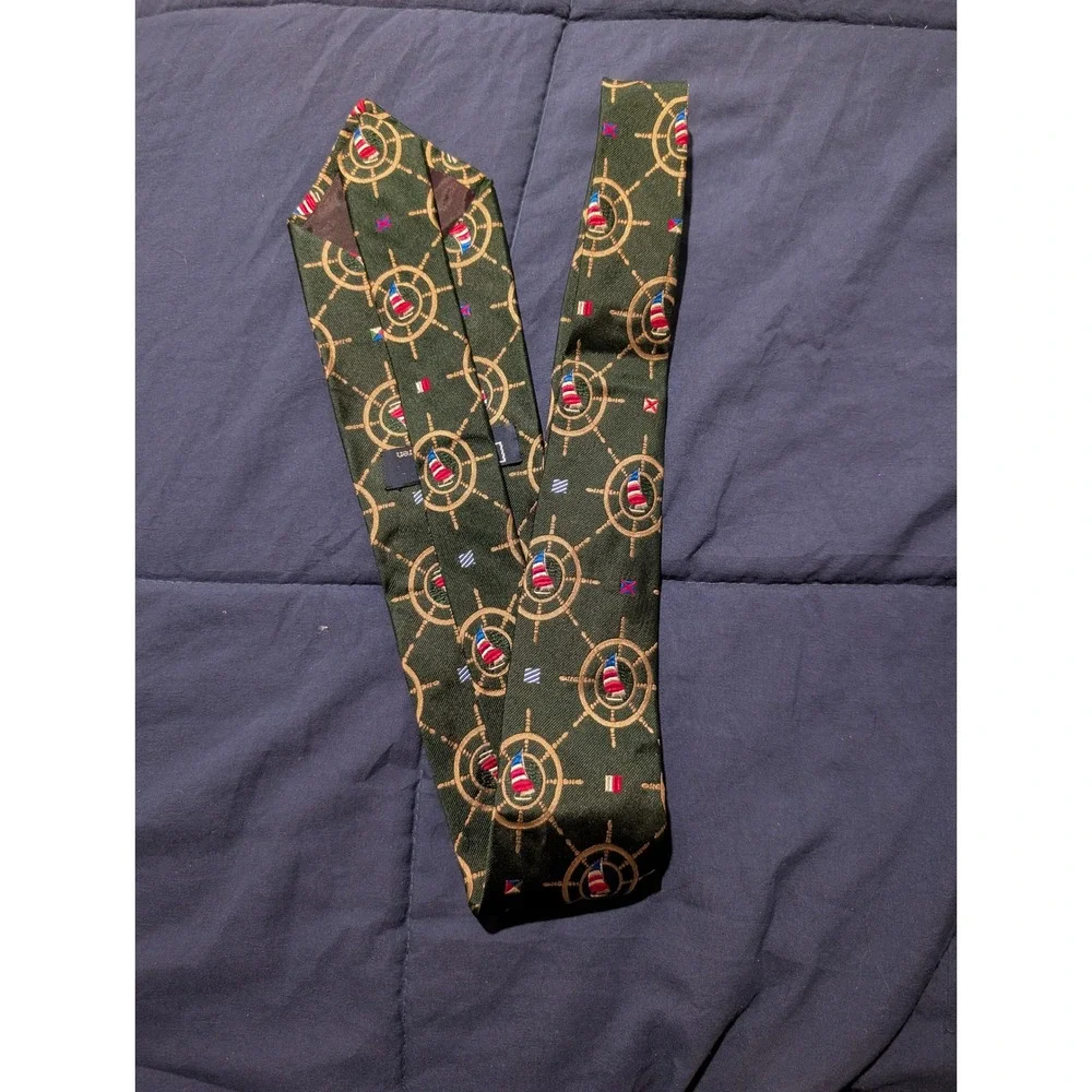 Polo Ralph Lauren Nautical Ship‎ Wheel Handmade Green Silk Tie Vintage 3.5x59